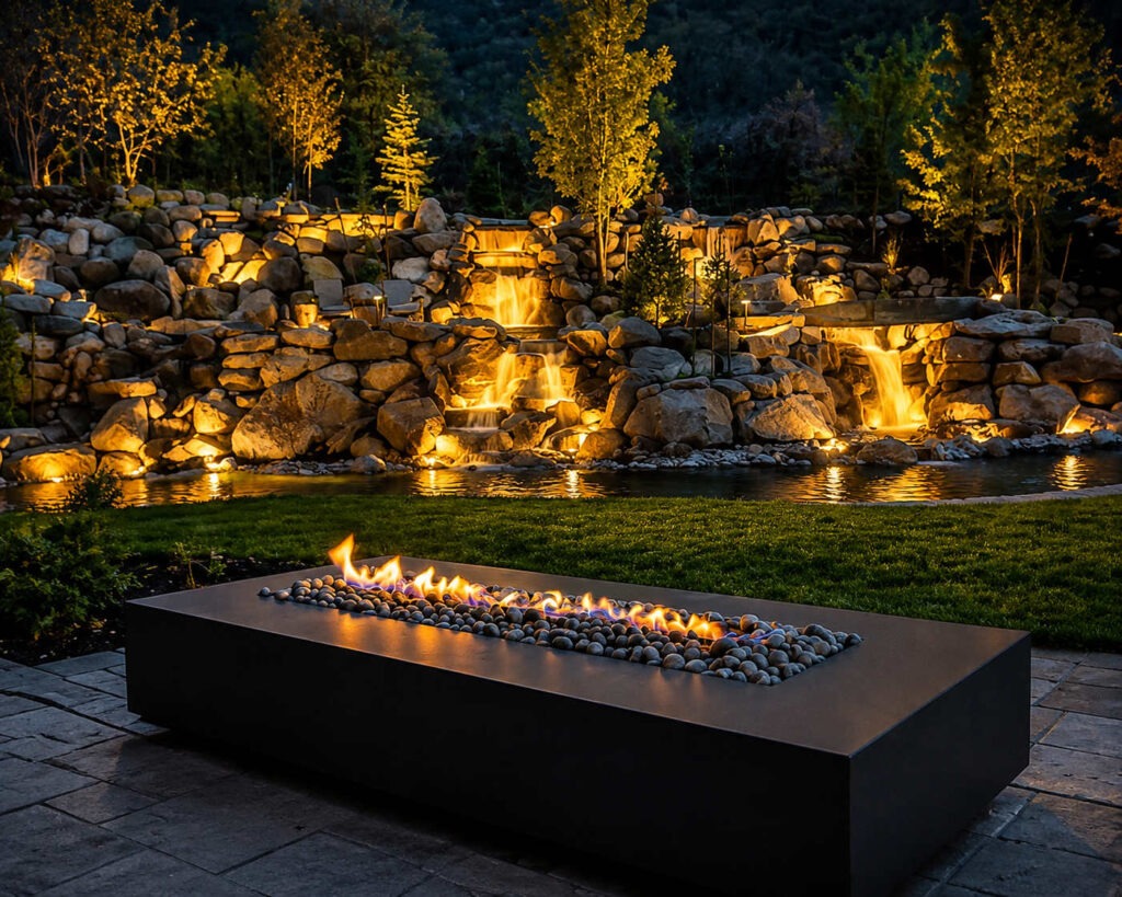 Luxury Utah backyard at sunset with built-in stone fire pit terrace, illuminated retaining walls, sports court, and Wasatch Mountain views — Millburn Lawn & Landscape