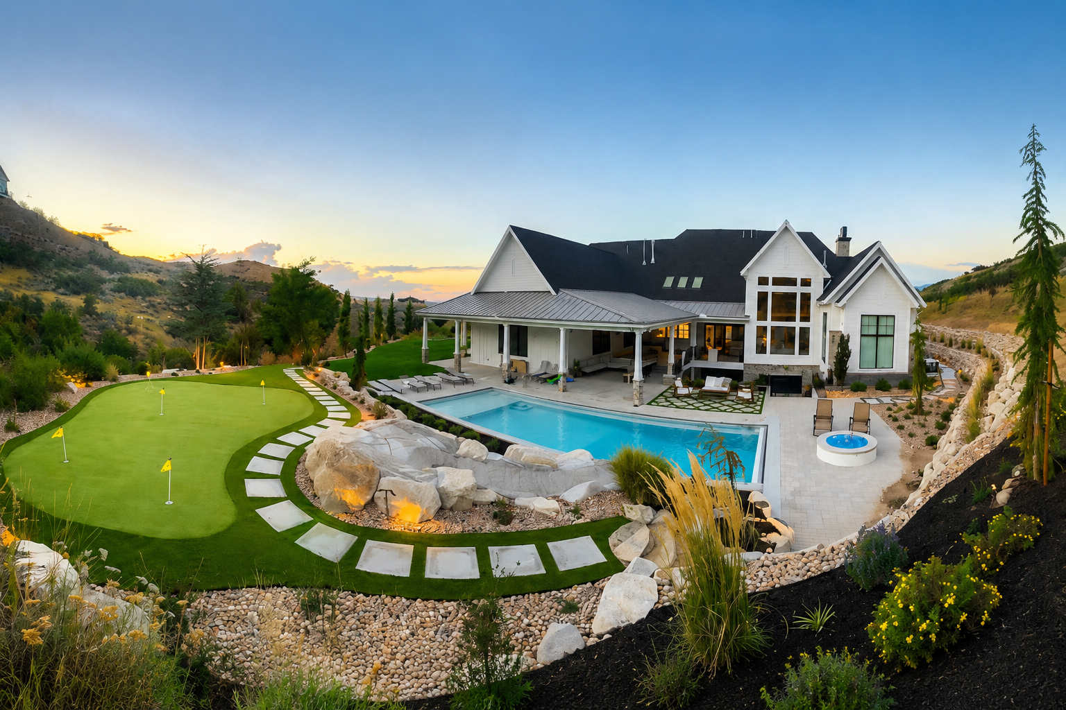 Luxury backyard landscape design featuring a custom swimming pool, artificial putting green, decorative boulders, paver walkways, and water-wise landscaping in Eagle Mountain, Utah.