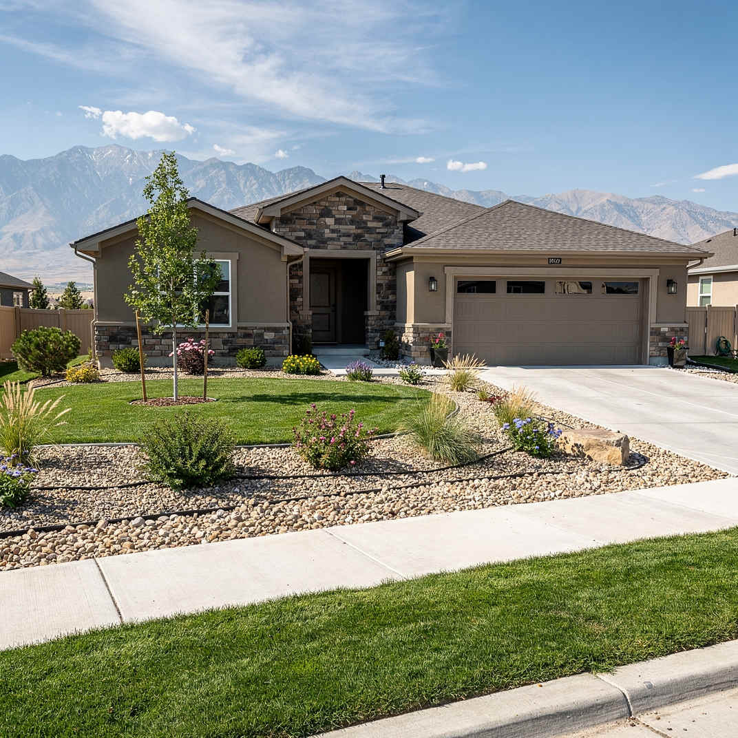 Drought-tolerant front yard landscaping approved under Eagle Mountain HOA guidelines