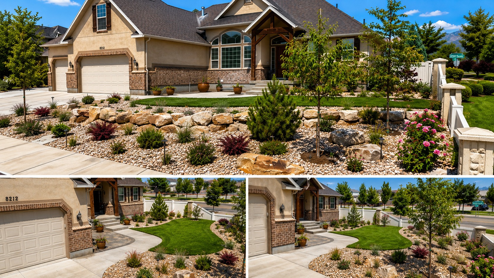 After photo of a West Jordan Utah water-wise landscape renovation with terracing boulders artificial turf pavers and plantings