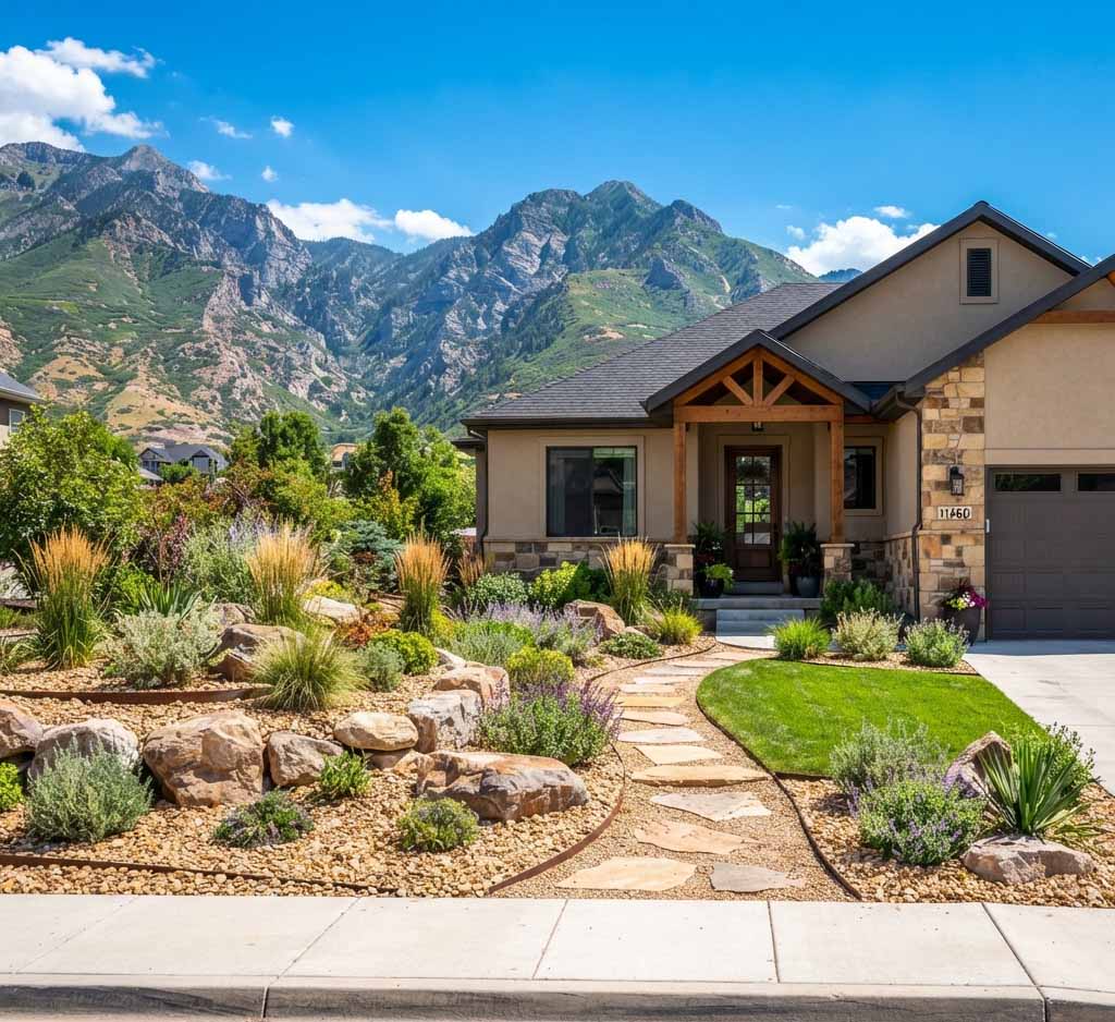 Completed xeriscape front yard in Sandy, Utah with river rock, natural boulders, ornamental grasses and drought-tolerant plants