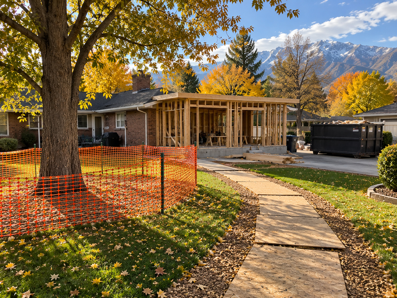 Orange tree protection fence and plywood path protecting a yard during a home renovation in Millcreek, Utah